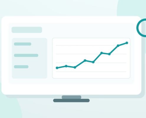 Ilustración de un panel de analítica SEO con gráficos de crecimiento del tráfico orgánico y visibilidad web.