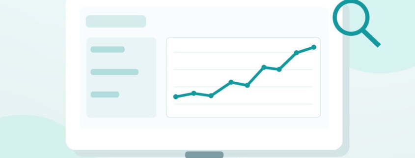 Ilustración de un panel de analítica SEO con gráficos de crecimiento del tráfico orgánico y visibilidad web.
